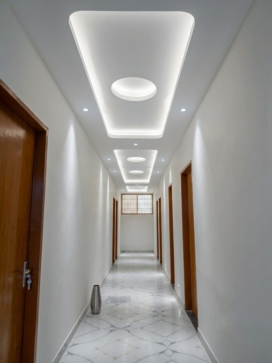 Well-lit corridor at Shree Shyam hostels